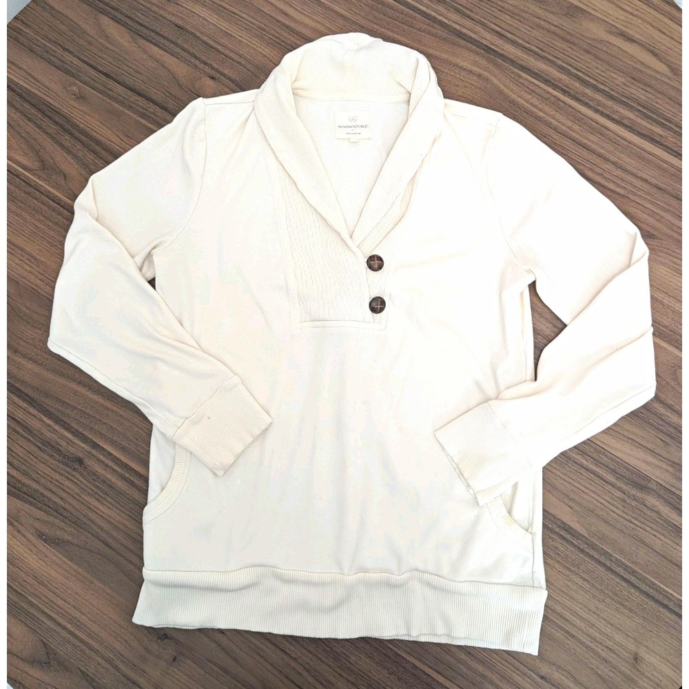 Banana Republic Women's M Ivory Shawl Collar Pullover Sweatshirt Corduroy Trim